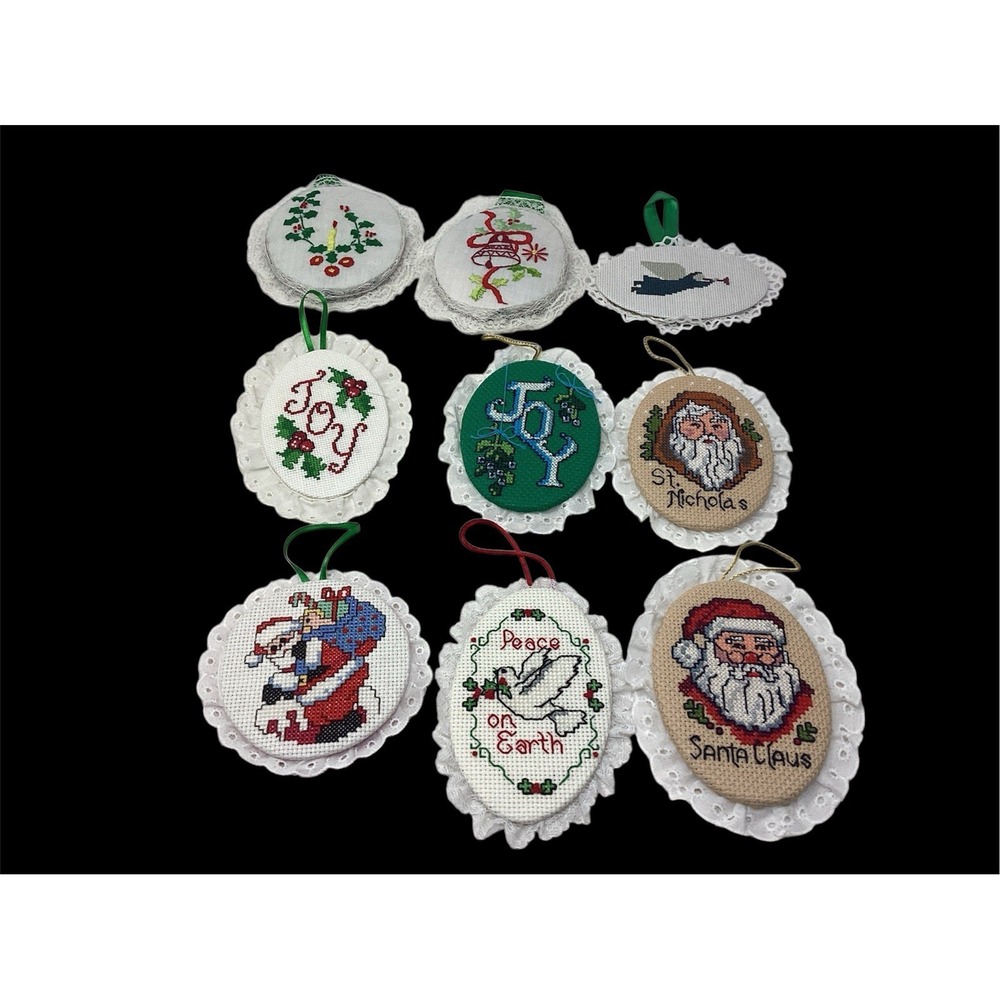 (9) Vintage Cross Stitch Embroidered Lace Framed Ornaments Handmade 4"